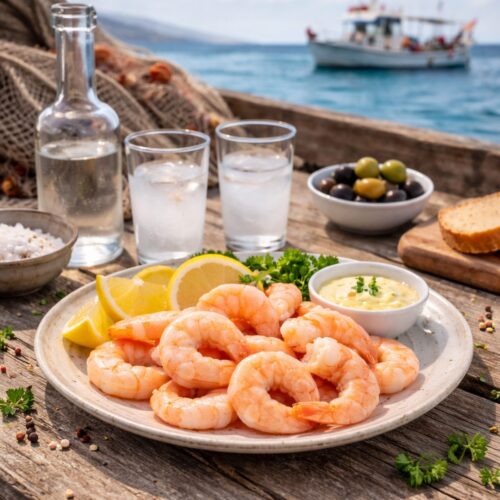 Γαρίδες μεζές με λεμόνι και ούζο σε ψαράδικο τραπέζι δίπλα στη θάλασσα
