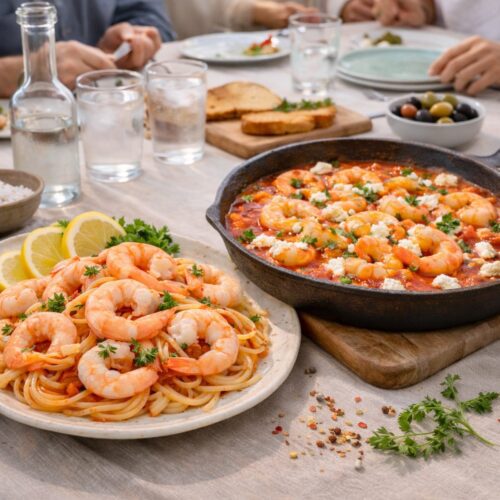 Γαριδομακαρονάδα και γαρίδες σαγανάκι σε οικογενειακό τραπέζι