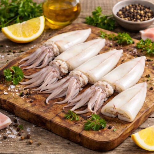 Καλαμαράκια ολόκληρα καθαρισμένα κομμένα στη μέση σε ξύλινη επιφάνεια με λεμόνι και μυρωδικά