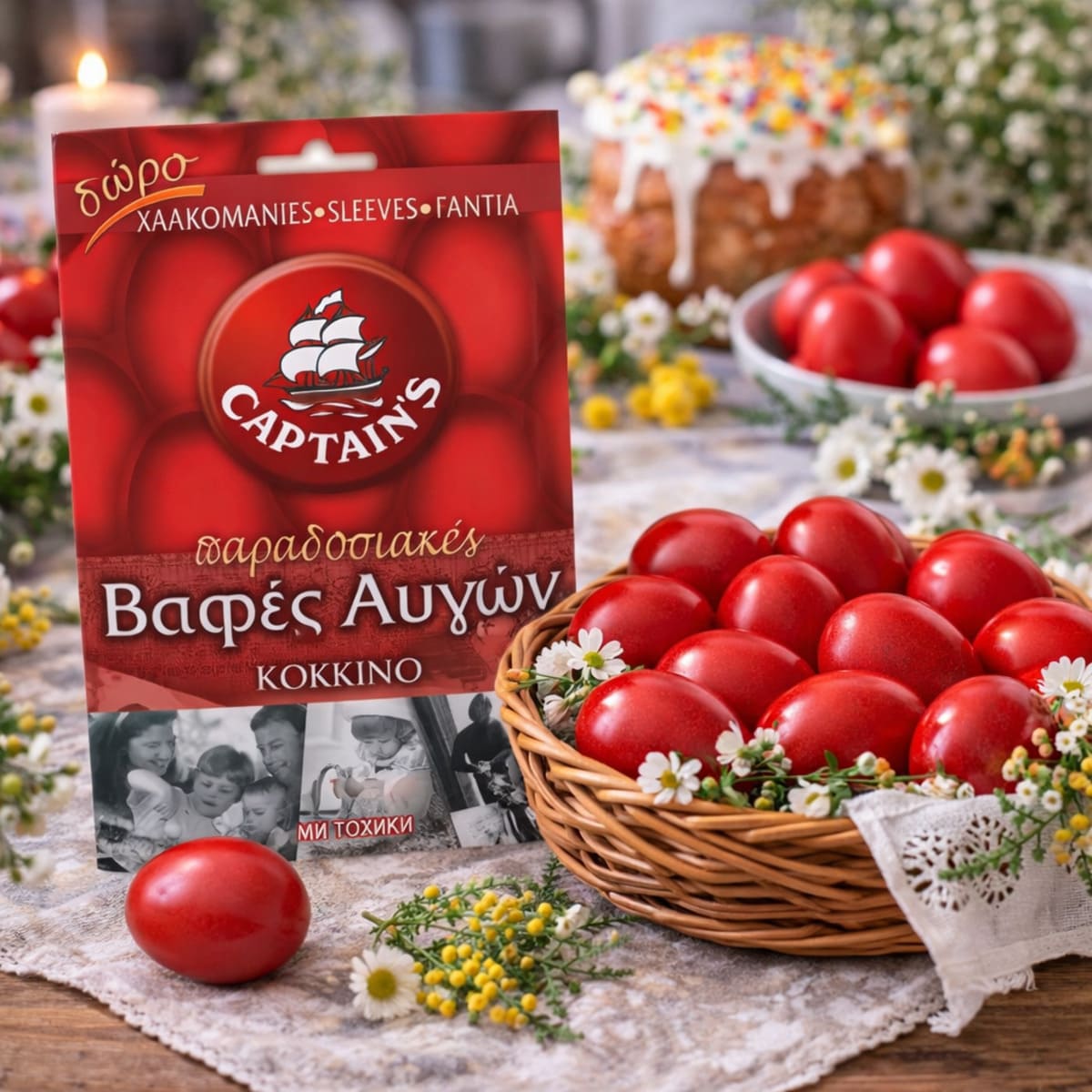 Κόκκινη βαφή αυγών Captain’s τοποθετημένη σε πασχαλινό τραπέζι με κόκκινα αυγά, τσουρέκι και ανοιξιάτικα λουλούδια. Μια εικόνα που αποτυπώνει την παράδοση και τη ζεστασιά του ελληνικού Πάσχα.