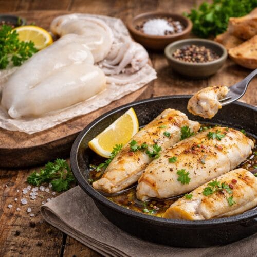 Φρέσκια σουπιά ψητή σε rustic ξύλινο τραπέζι με λεμόνι και μυρωδικά